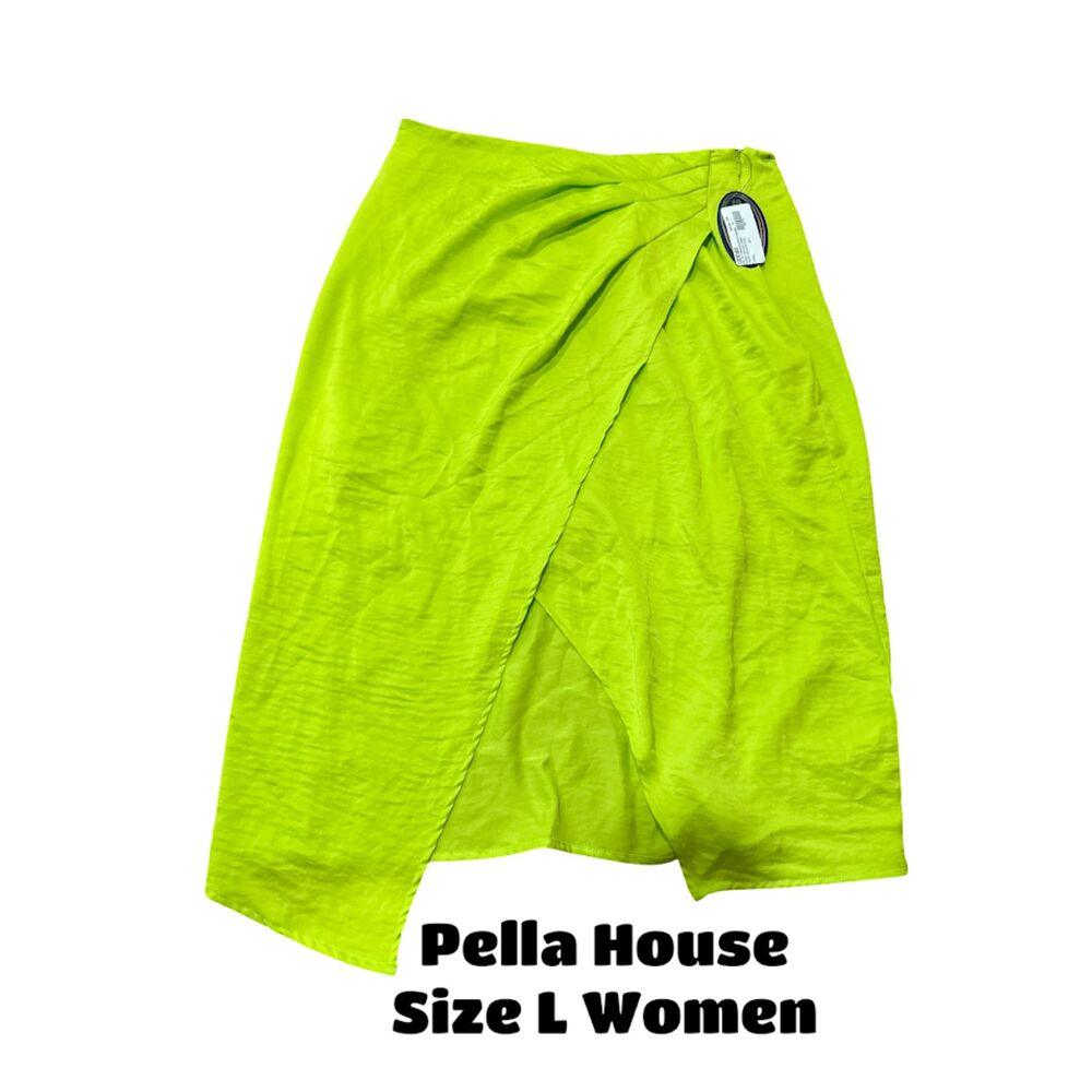 Scoop Women's Satin Faux Wrap Midi Skirt Acid Lime Size L